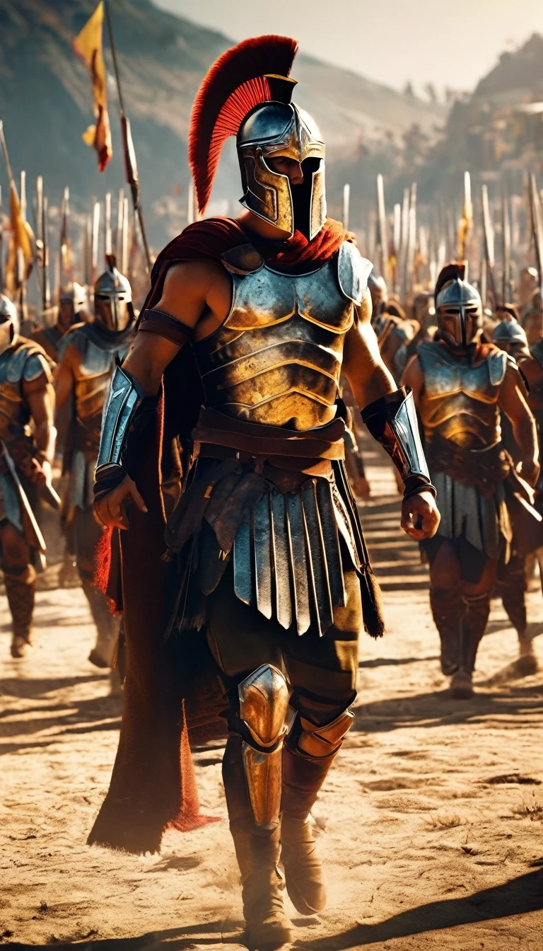 Full body, Create a detailed image of the annual Spartan event, featuring a massive arena where the best Spartan warriors and the bravest Helot slaves prepare to battle to the death, detailed face, detailed face expressions, natural face expressions, face in detail, asymmetrical faced, fair and smooth skin, detailed hands, detailed fingers, masterpiece, cinematic lighting, physically based rendering, lens flare, award winning rendering, perfect rendering detail, 8K, realism, detailed background, everything in detail, cinematic shot, dynamic lighting, 75mm, Technicolor, Panavision, cinemascope, fine details, 8k, HDR, realism, realistic, key visual, film still, superb cinematic color grading, depth of field,