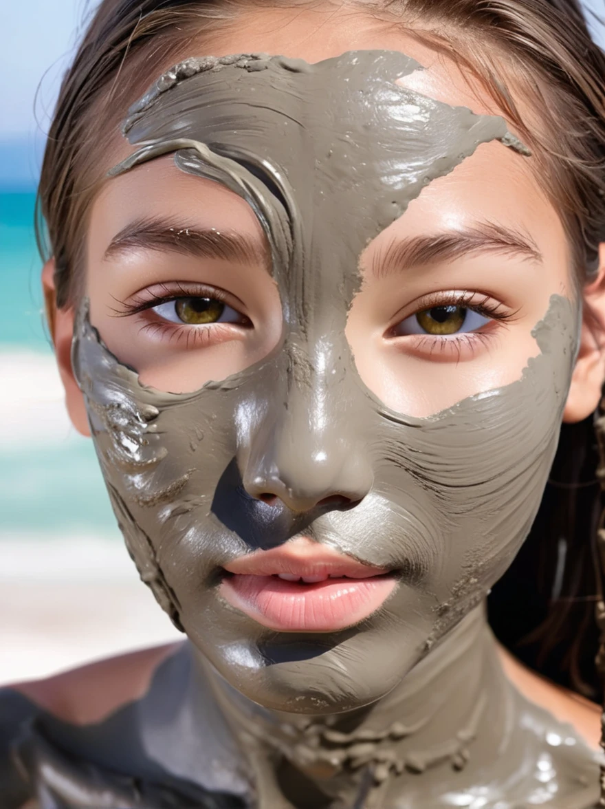 Close-up photo of Dead Sea mud mask,A girl's face is covered with thick dark gray,Slightly shiny mask,Green eyes,Dark eyebrows and lips are the only areas that are not covered with mask,Rough mud mask particles,The scene is surrounded by elements of a spa environment,Like burning scented candles,Fresh green leaves and rolled soft towel