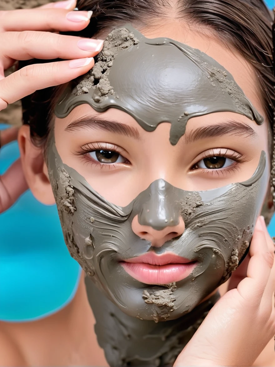 Close-up photo of Dead Sea mud mask，A girl&#39;s face is covered with thick dark gray，Slightly shiny mask，Green eyes，Dark eyebrows and lips are the only areas that are not covered with mask，Rough mud mask particles，The scene is surrounded by elements of a spa environment，Like burning scented candles，Fresh green leaves and rolled soft towel
