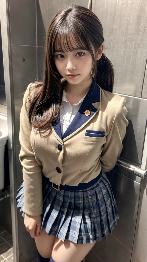 masterpiece, best quality, illustration, Super detailed, fine details, High resolution, 8K,wall paper, perfect dynamic composition,(Details High quality, realistic depiction of eyes:1.3), (Toilet cubicles:1.2), (urinal)、High school girl uniform、blazer 、Super Short Check Uniform Skirt、Navy blue high socks、garterbelts、 large breasts, expresses the roundness and softness of your chest, Don't expose it、Disturbed uniform, ponytail, black hair color, Big Natural Color Lip, perfect body shape, crying a little、Harajuku style、20 year old girl、cute type, beautiful legs, Gravure Idol