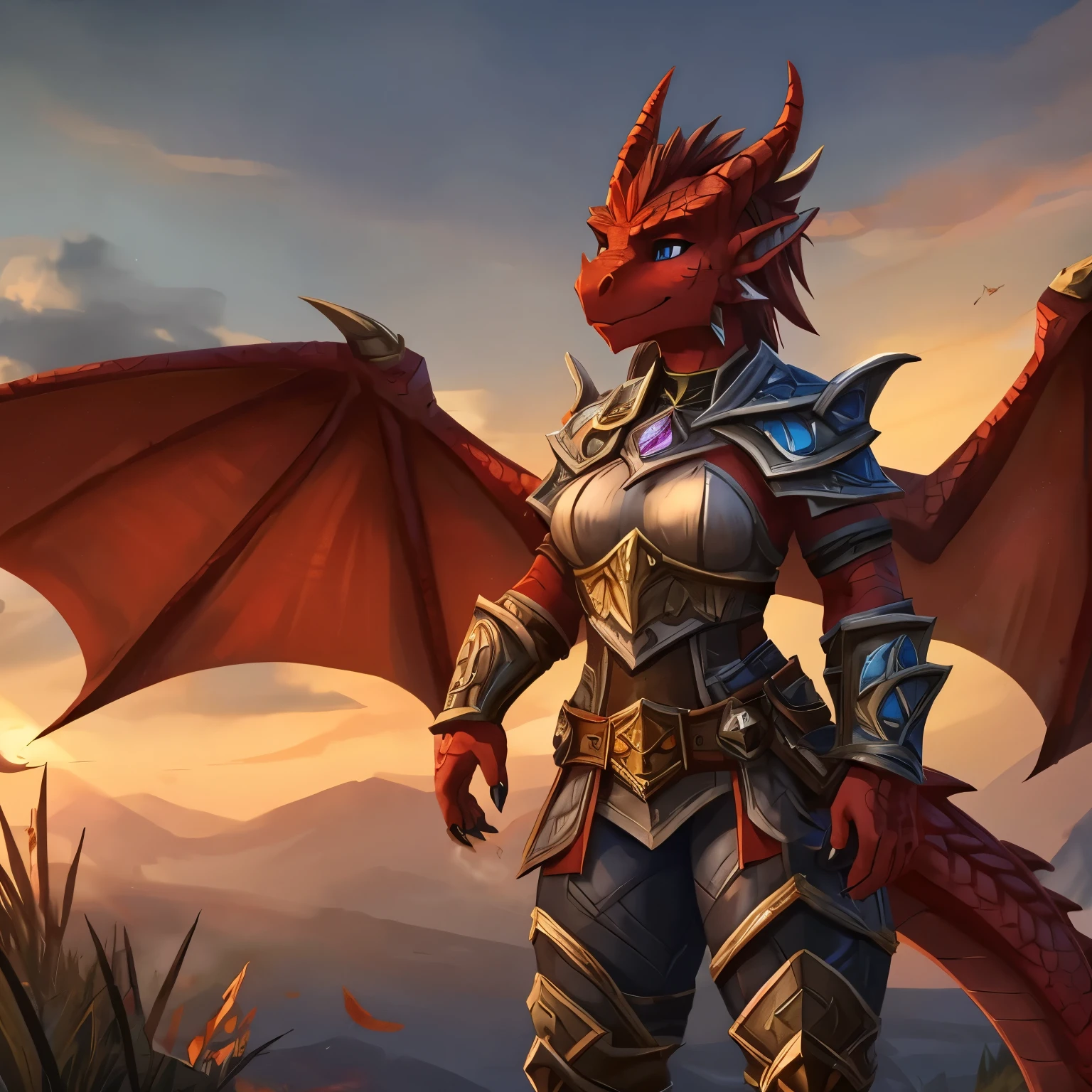 anthromorph, shortstack, world_of_warcraft, 1female, red_scales, small_horns, wings, leather_armour, stormwind_city, stormwind, chest_plate, claws, 5finger, 