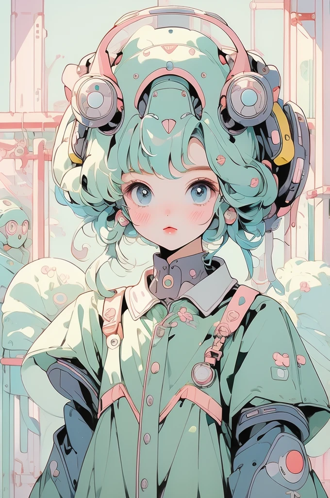 (pastel colour:1.2)、(Cute illustrations:1.2)、(Girls and robots Face to face)、(Hand to hand match)