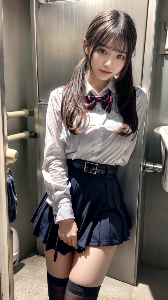masterpiece, best quality, illustration, Super detailed, fine details, High resolution, 8K,wall paper, perfect dynamic composition,(Details High quality, realistic depiction of eyes:1.3), (Toilet cubicles:1.2), (urinal)、High school girl uniform、blazer 、Super Short Check Uniform Skirt、Navy blue high socks、garterbelts、 large breasts, expresses the roundness and softness of your chest, Don't expose it、Disturbed uniform, ponytail, black hair color, Big Natural Color Lip, perfect body shape, crying a little、Harajuku style、20 year old girl、cute type, beautiful legs, Gravure Idol