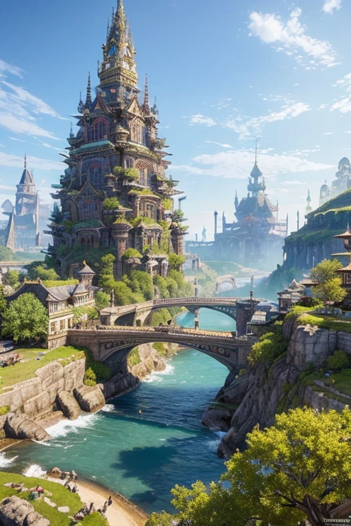 (masterpiece:1.2), extremely intricate details, ff14style, dynamic painting, depicting a bustling city with a majestic bridge spanning wide rivers, surrounded by towering giant mushrooms. The vast landscape bursts with vivid colors