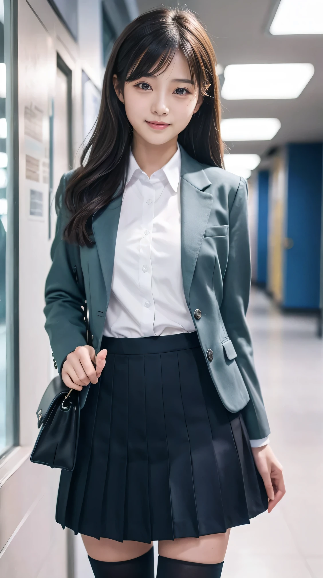 Great quality、8k、flying debris、(RAW Photos:1.4)、High resolution、((Composition away from the subject))、((Full body photo from face to ankles))、((Perfect Anatomy))、1 female 14 years old、Small stature、Detailed skin、Glowing Skin、Baby Face、double eyelid、eyes with long eyelashes、Small face、smile、Open your mouth、ponytail、Staring out the window in the school hallway、Stretch your back、The windows provide natural light、Realistic school scenery、middle School girl、Blue and grey school bag on shoulder、Slender and delicate body、Small breasts、A blazer uniform with green lines、girl 、Check skirt、healthy、young woman、black tights、black tights、Black knee-high socks、Brown loafers、loafers、Full Body Shot、Beautiful Hairstyles、Accentuates very slim legs