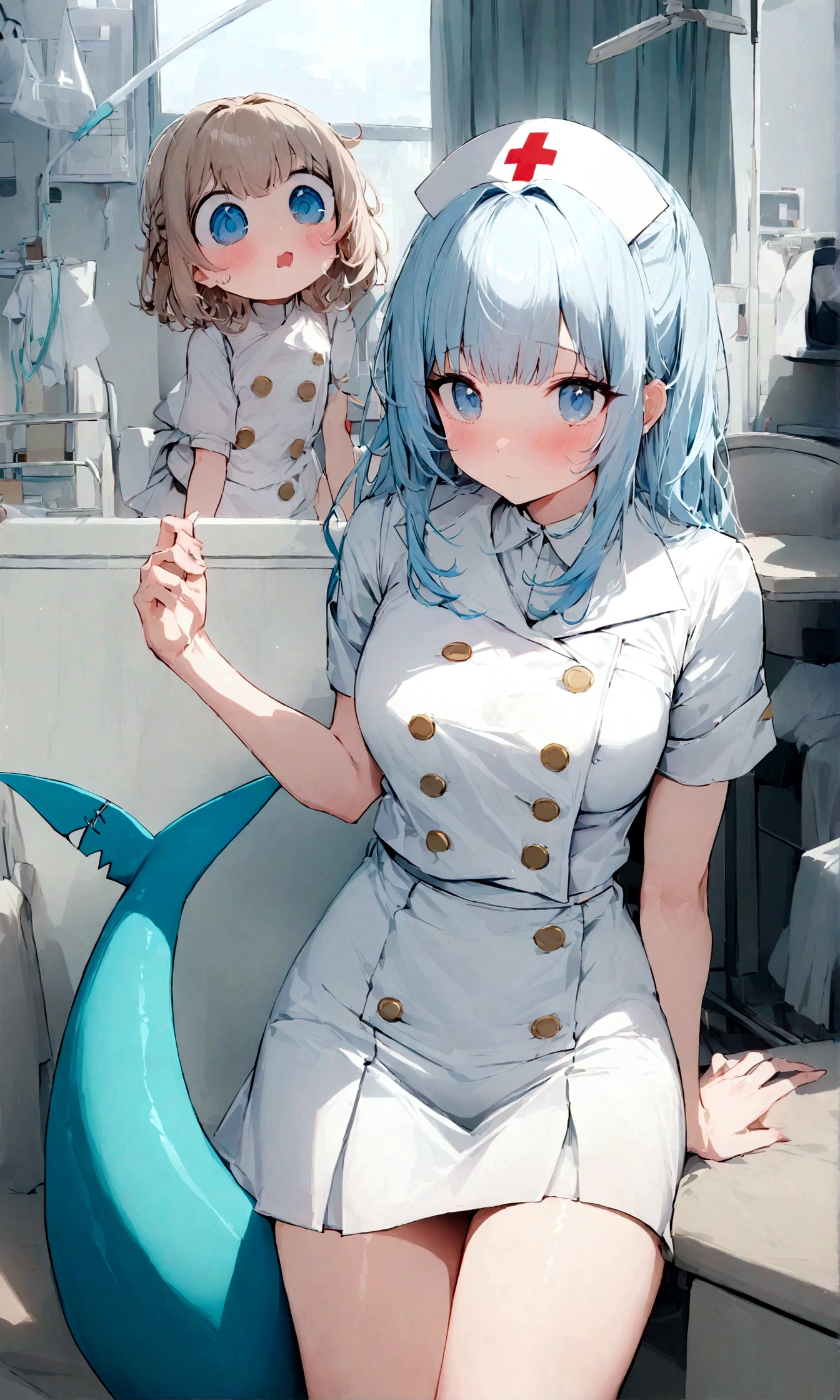 white_nurse_uniform,white_nurse_skirts,zettai_ryoiki,hospital,beautiful_hair,shark_tooth,shark_tail,light_blue_eyes,1_beautiful_girl,cute_face,beautiful_face,best_quality,good_anatomy,beautiful