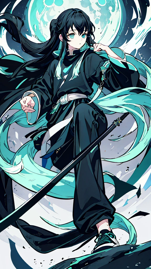highest quality、best quality、Super detailed、perfect face、muste piece、Very delicate and detailed、1 boy、Long black hair、Hair up to the waist、The hair is mint green、light blue eyes、detailed face、Wearing a big black hoodie、black pants、sneakers、moon in background、night、detailed background