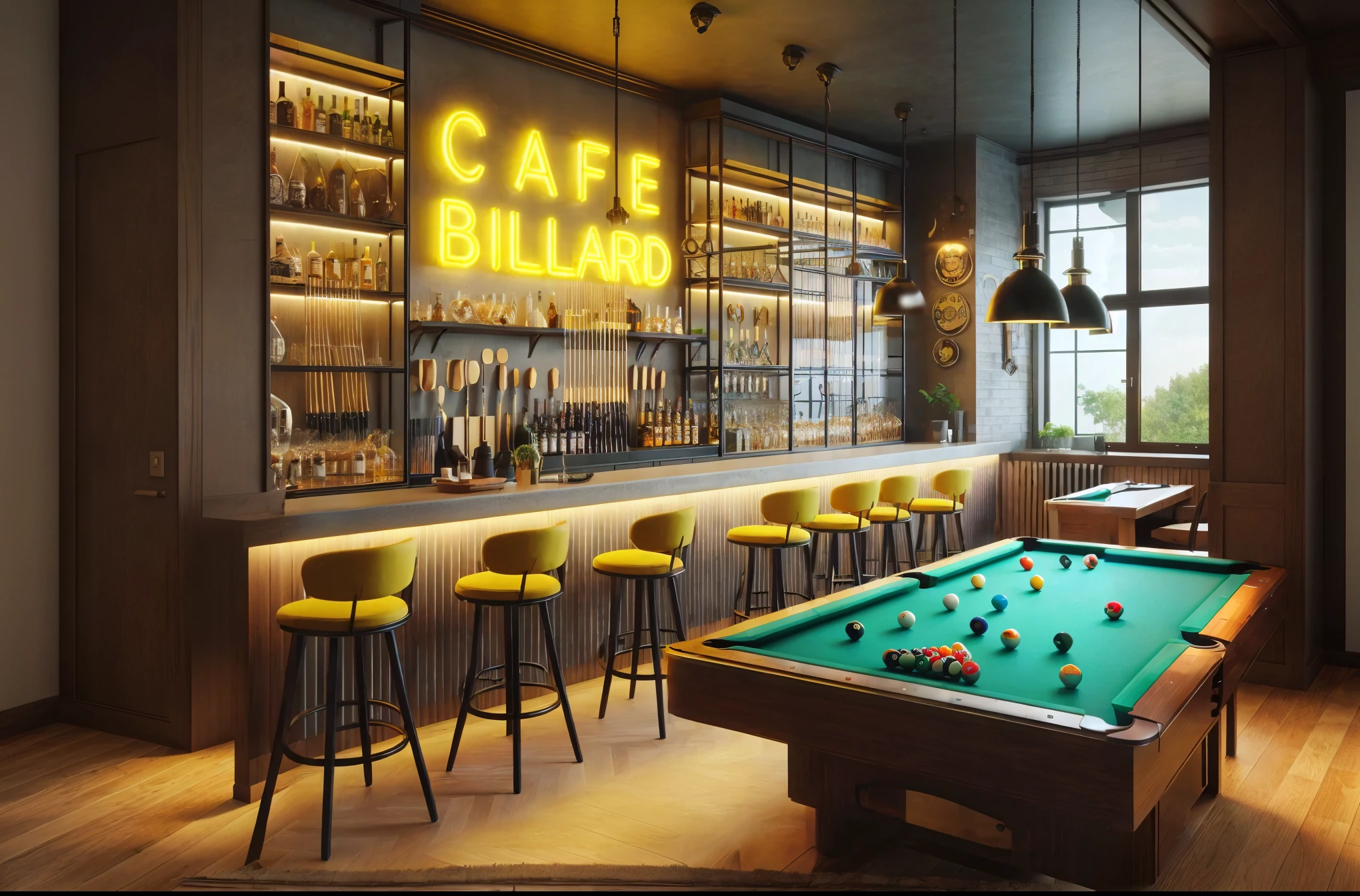 extended photo above with complete design, perfect billiard table neatly arranged to the end of the room in position, wood floor, glass door beside bar, realistic, super detailed, 16K
