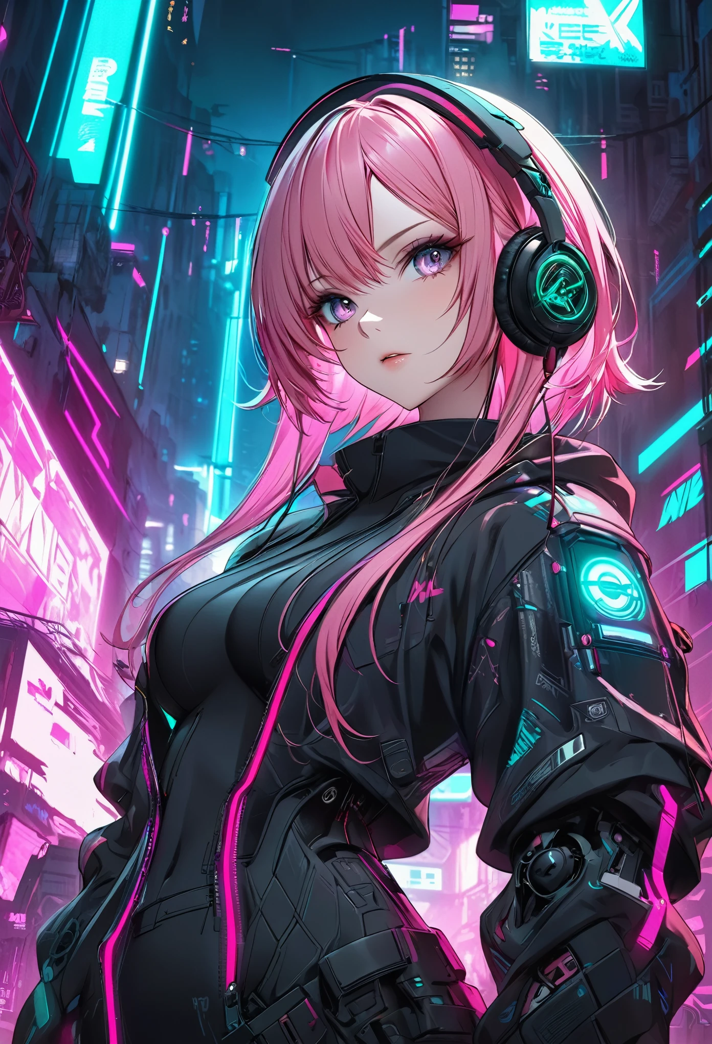 anime girl with pink hair and headphones in front of a neon background, cyberpunk anime girl, best anime 4k konachan wallpaper, digital cyberpunk anime art, anime cyberpunk art, digital cyberpunk - anime art, female cyberpunk anime girl, cyberpunk anime girl mech, anime style 4 k, perfect android girl, cyberpunk anime art, modern cyberpunk anime, anime cyberpunk, nightcore