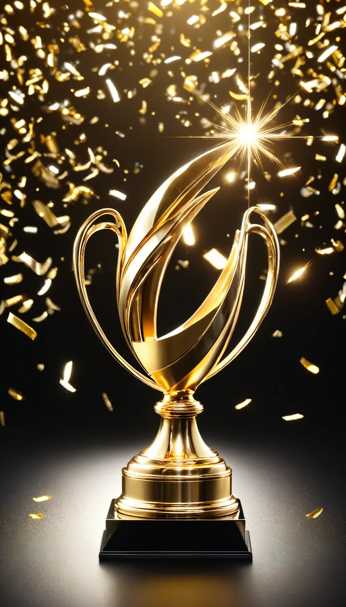 Beautiful golden trophy isolated on dark background,Golden trophy and golden statue,Olympic,Sports symbols,twist,artwork,Fine workmanship,Great craftsmanship,highest quality,Made by craftsmen,beautiful,Metallic luster,artistic,Beautiful light and shadow,Gold and Platinum,break,Dark Background,Highlight the beauty of the trophy,flash,Sparkling,Grains of Light,Silver,lame,Confetti,celebration,break,Photo taken from an oblique angle