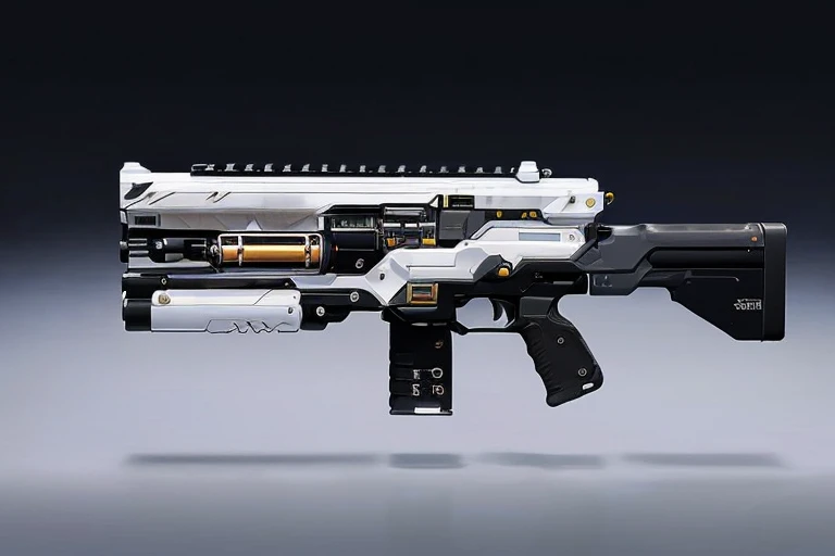 (masterpiece, highest quality, highest quality, Official Art, beautifully、aesthetic:1.2),(8k, highest quality, masterpiece:1.2), CGgameguniconcsw, No humans, arms, Black background, Simple Background, SF, still life, SF, gun、three views