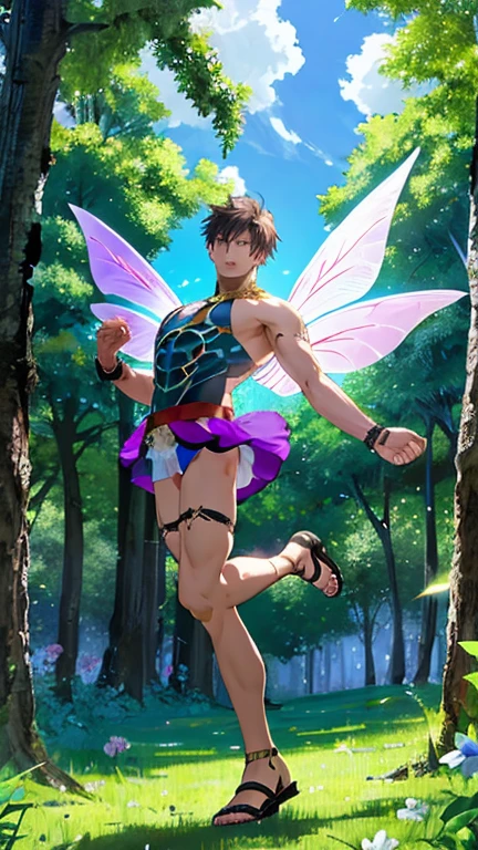 Ruslan Angelo as a fairy guy, Ideal body, aesthetically pleasing, beautiful, erotic, fluttering over the grass, collecting flowers in a fairy forest, hip miniskirt, thong, transparent wings, sandals, armlets made of plants, Dynamic pose, fantasy , in Valeggio style 