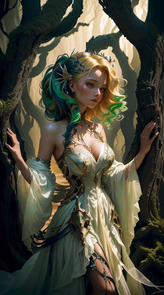 An enchanting photo of a tanned woman with mesmerizing green-blonde hair, adorned with a dazzling array of multicolored hairpins. The cascading curls frame her face as she stands among majestic, gnarled trees, evoking a surreal and ethereal atmosphere. The woman dons a translucent, flowing dress with intricate brushstrokes, showcasing her expressive and stylized anatomy. The skillful lighting creates depth of field and volumetric light, imparting a cinematic quality to the scene. This captivating concept art seamlessly blends medieval futurism with medieval illumination styles, incorporating alchemical equipment and elements inspired by Jean Fouquet, Mobius, and Hieronymus Bosch. The dark fantasy-infused architecture and portrait photography create an immersive and otherworld, illustration, photo, architecture, portrait photography, dark fantasy, cinematic

