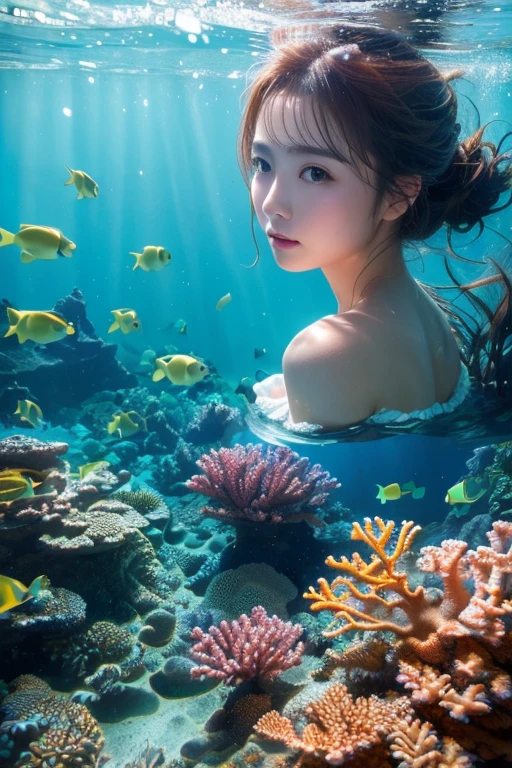 (masterpiece: 1.3), (8k, Realistic, RAW Photos, highest quality: 1.4), , Depicting beauty, highest quality, High resolution, masterpiece, The finest details, 8k, In the sea、Coral Reef、Band of Light、Landscape Photography,
