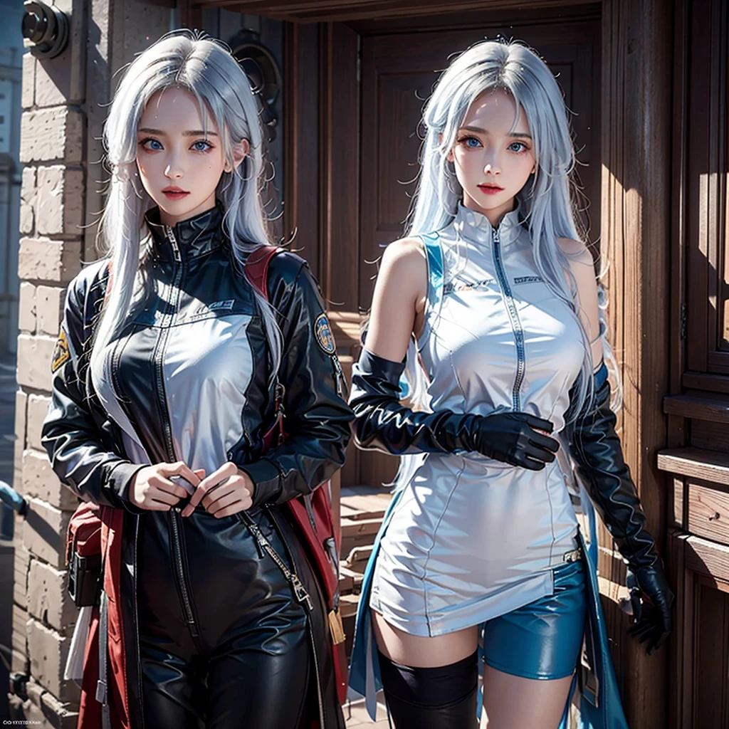 Reality, masterpiece, Reality, high resolution, Soft Light, Above the waist, blue eyes, white hair, long hair, color leather vest with gear, Technical clothing, jetpacks, seminar background, machine, gear, steam, industry, technology, furnace, dirt, Kinuta, Buttons, lever, Automata, electricity, EDM epic atmosphere