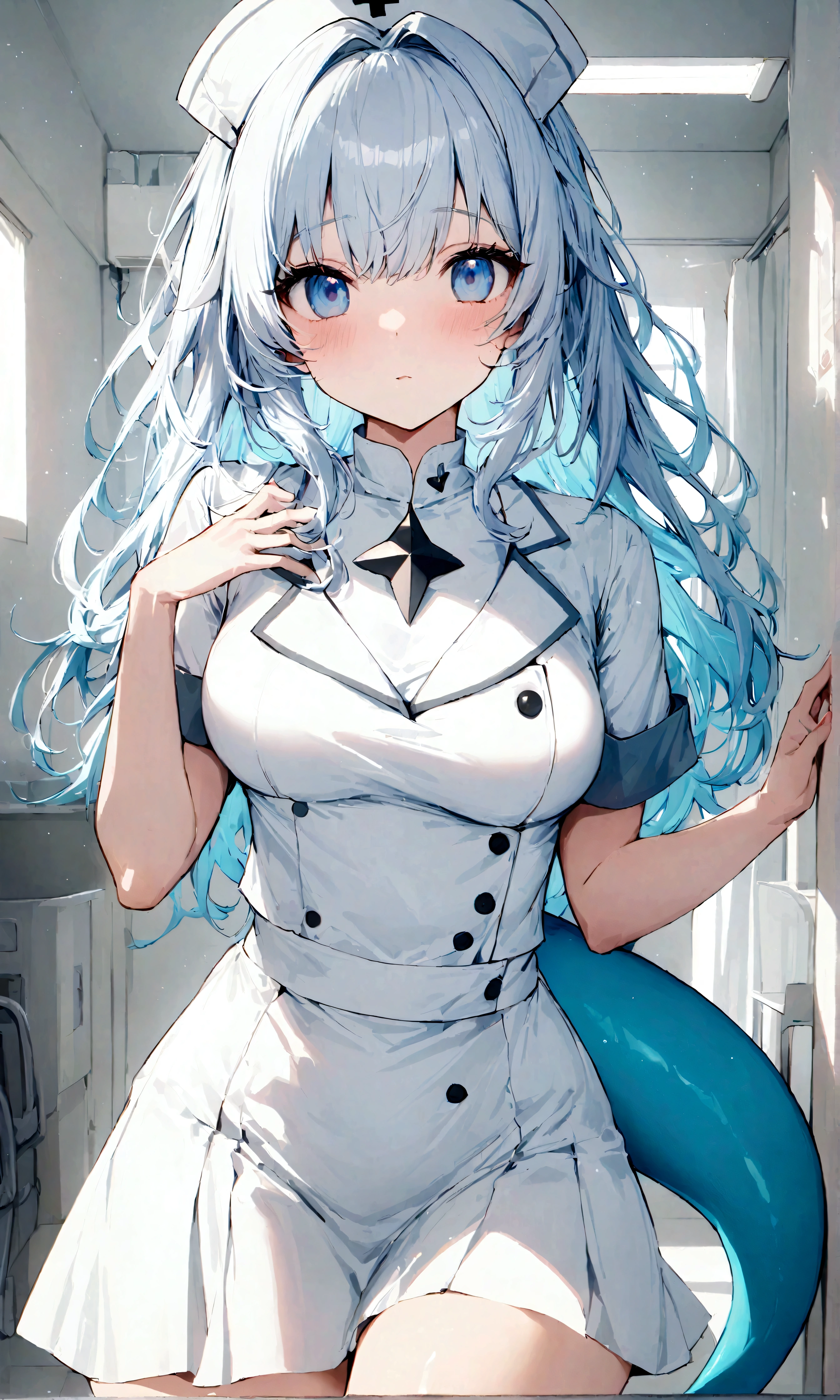 white_nurse_uniform,white_nurse_skirts,zettai_ryoiki,hospital,beautiful_hair,shark_tooth,shark_tail,light_blue_eyes,1_beautiful_girl,cute_face,beautiful_face,best_quality,good_anatomy,beautiful