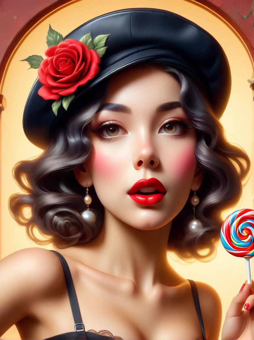 A young Hispanic woman in a pin-up style costume with a beret, holding a lollipop in the foreground. The picture should capture the essence of the woman with warm, soft lighting, inspired by the photographs of artists before 1912 who emphasized realistic skin details including texture, pores, and other imperfections typical of human skin. Use a portrait lens with a wide aperture to achieve a soft blur and a sharp focus on the eyes and lips. The overall style of the photo should be retro and nostalgic, with vibrant yet subtle colors. Capture a flirtatious and playful gesture in the woman's facial expression to highlight her charming personality. Fujifilm GFX100, 85mm portrait lens, f/1.4, soft lighting with a golden light reflector, a vintage and nostalgic photographic style, pin-up glamour.