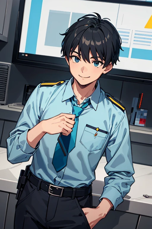 (((pixel-perfect, detail-perfect))), solo, 1boy, David jones(criminal case), cyan shirt, dark cyan tie, long sleeves, pants black, belts, police, smile, gray hair, eye blue