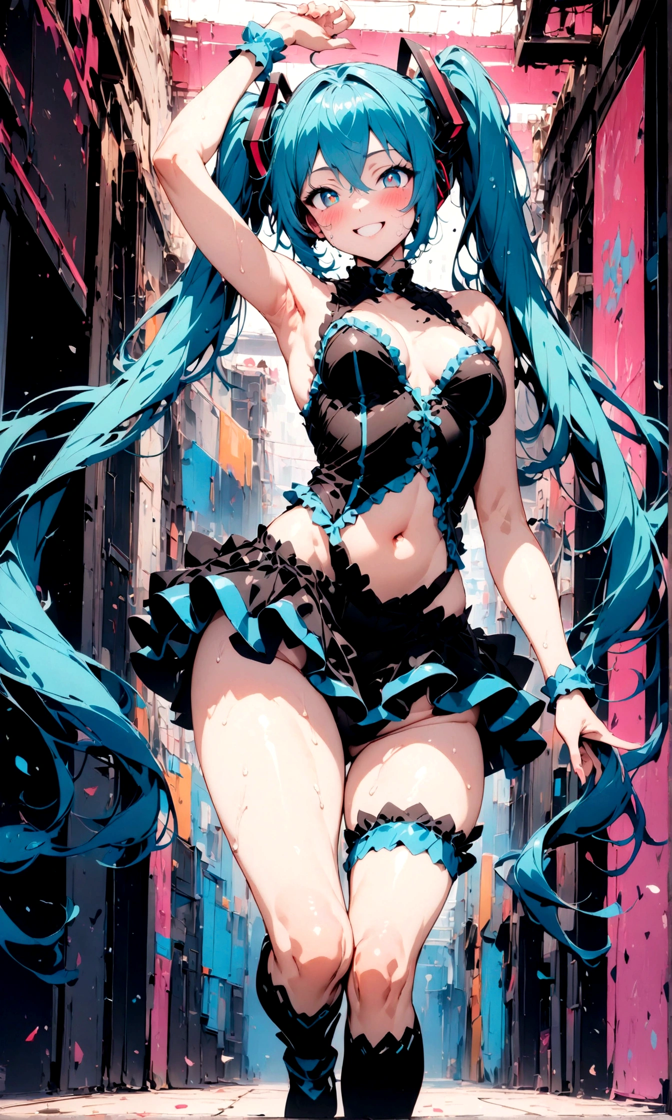 1girl, hatsune miku, vocaloid, posing over the crowd, 1girl, smile, solo, navel, armpits, twintails, blue hair, aqua eyes, wet, grin, blush, looking at viewer, , arm up, small breast, cleavage, bangs, (masterpiece), (perfect details), (High resolution), (high quality), (sharp focus), (best quality), (solo), ((light in eyes)), blush, smile, good figure, , ,(masterpiece:1.2),(best quality:1.2),newest, ai-generated, intricate details, on stage at the concert venue, (light up to the stage) dynamic angle, one leg up, emphasizing her facial expression and beautiful body lines, excited expression towards the camera, perfect hands, full-body shot, frill micro idol dress, midriff, sexy, vibrant colors, (midjourney style:1.3),((ink art)),ink art, line ar,ink art, line art
