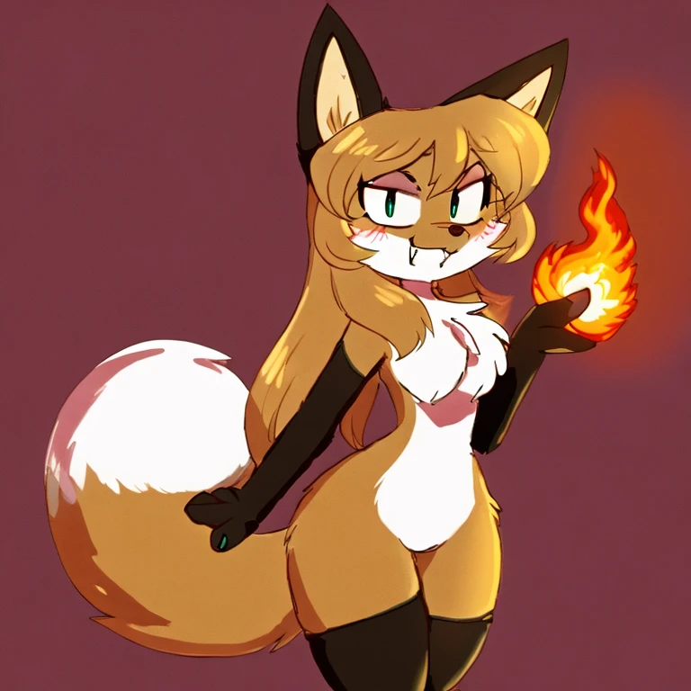 uploaded the e621, beautiful and detailed, woman (((female))) ((anthro)) Fox, (Averi, Fox girl), cinematic lighting, Fox, (anthro, fluffy fur), anthro fox girl, body fur, curvy, sexy, nice, cute, hot, comfortable anime-style cartoon-style, digital drawing, SFW, flat chest, green eyes, nervous smile, sassy, sassy hips, smug, fangs, looking at viewer, simple background, tilted head, leaning sideways, wizard hat, striped thigh highs, holding fireball in hand, fireball, fire magic