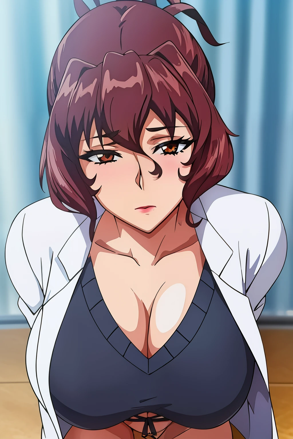 anime cels style, Aiko Katsuragi, best quality, high resolution, mature female, milf, 1girl, huge breasts, labcoat, makeup, lipstick, brown eyes, folded ponytail, brown hair, cleavage, perfect body, (gorgeous body:1.3), perfect eyes, perfect retina, eyeliner, eyeshadow, perfect face, (caring look:1.1), smile, look at viewer, blush, high sharpness, sharp focus, medical room, professional artwork, intricate details, vivid colors, Diffused lighting, digital blending, ultra detailed body, ultra detailed hair, ultra detailed face, trending on pixiv