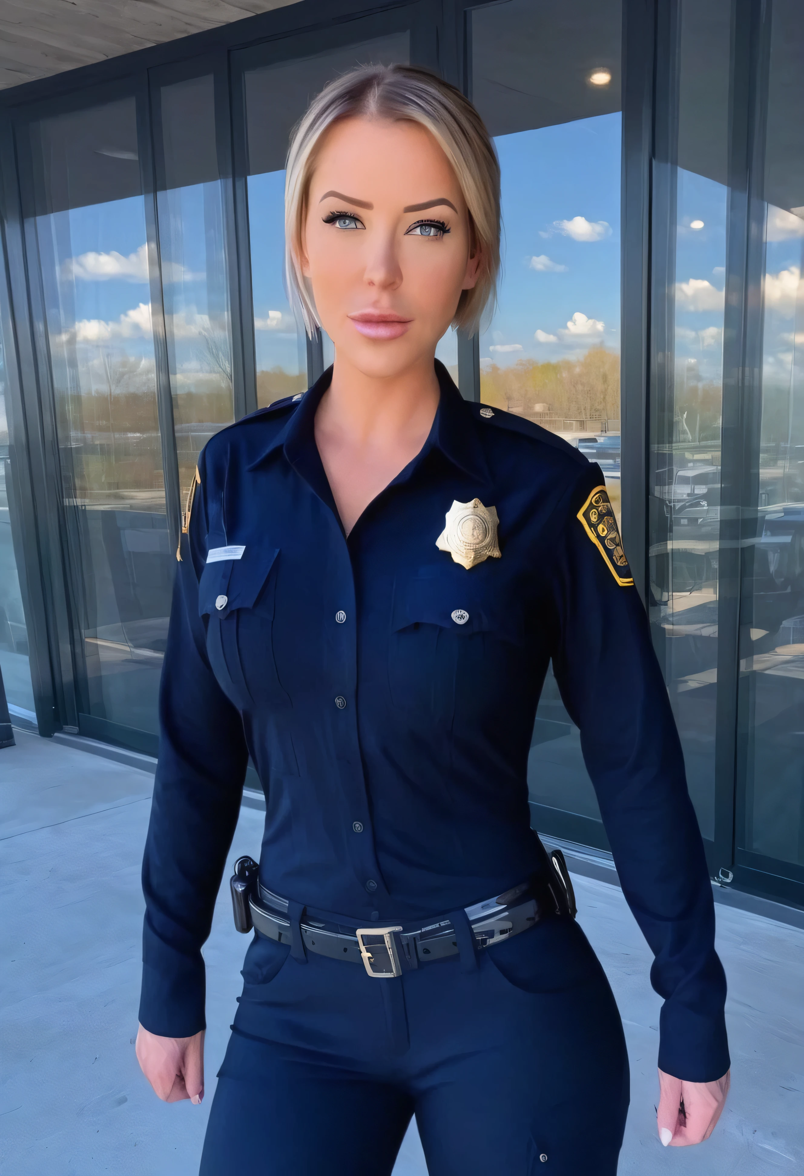 Laurence bedard in a police uniform holding a cell phone, wearing a police uniform, police officer, police lights shine on her face, brave police j decker face, officer, bodycam, police uniform, full body camera shot, in black uniform, bodycam footage, sparkling-eyes, perfect-eyes, full-lips, perfect-lips, stunningly-beautiful, high-saturation, 35mm-raw-photo, dynamic-composition, intense-expressions, police officer hit, (brave police j decker), cop, police