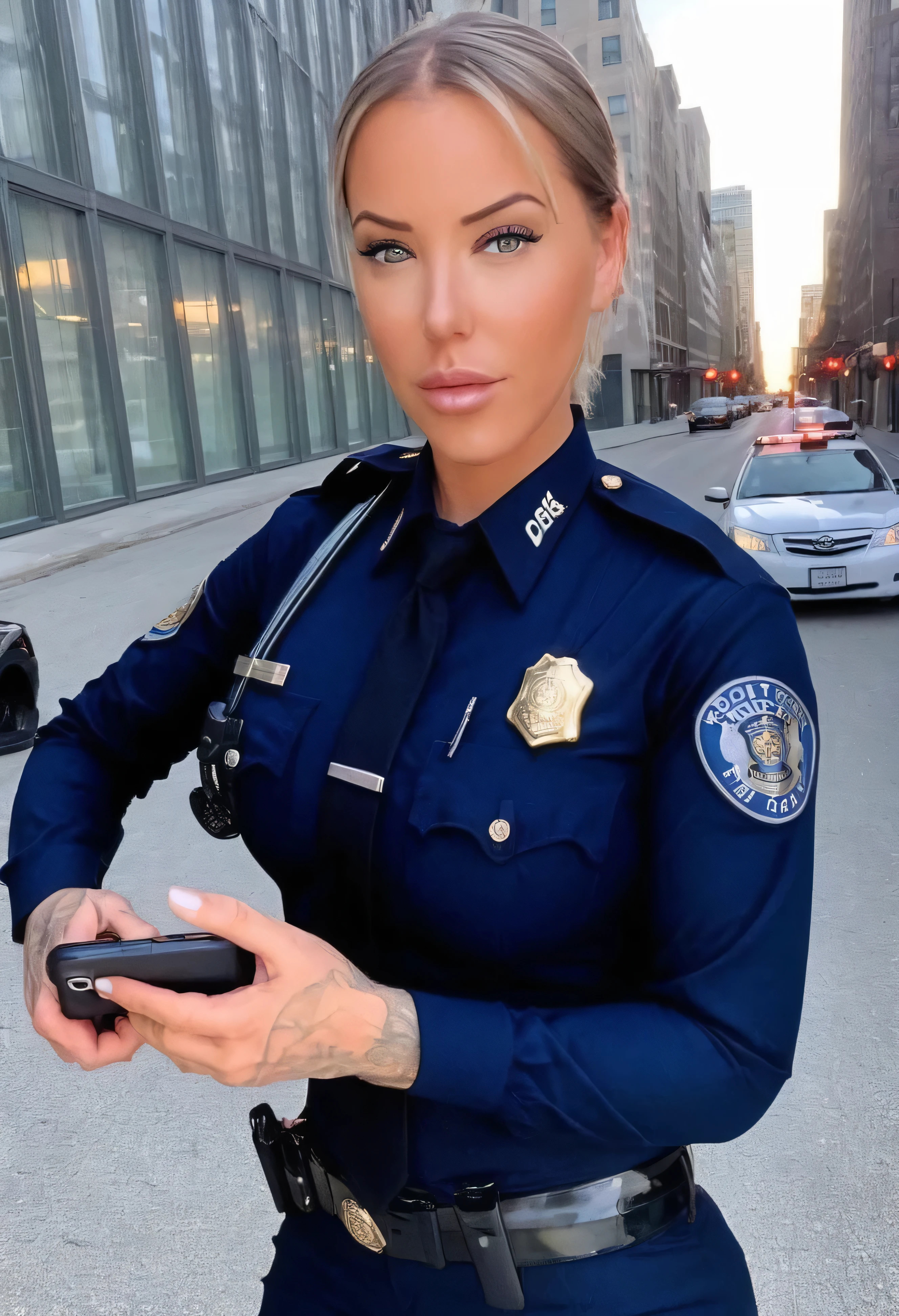 Laurence bedard in a police uniform holding a cell phone, wearing a police uniform, police officer, police lights shine on her face, brave police j decker face, officer, bodycam, police uniform, full body camera shot, in black uniform, bodycam footage, sparkling-eyes, perfect-eyes, full-lips, perfect-lips, stunningly-beautiful, high-saturation, 35mm-raw-photo, dynamic-composition, intense-expressions, police officer hit, (brave police j decker), cop, police