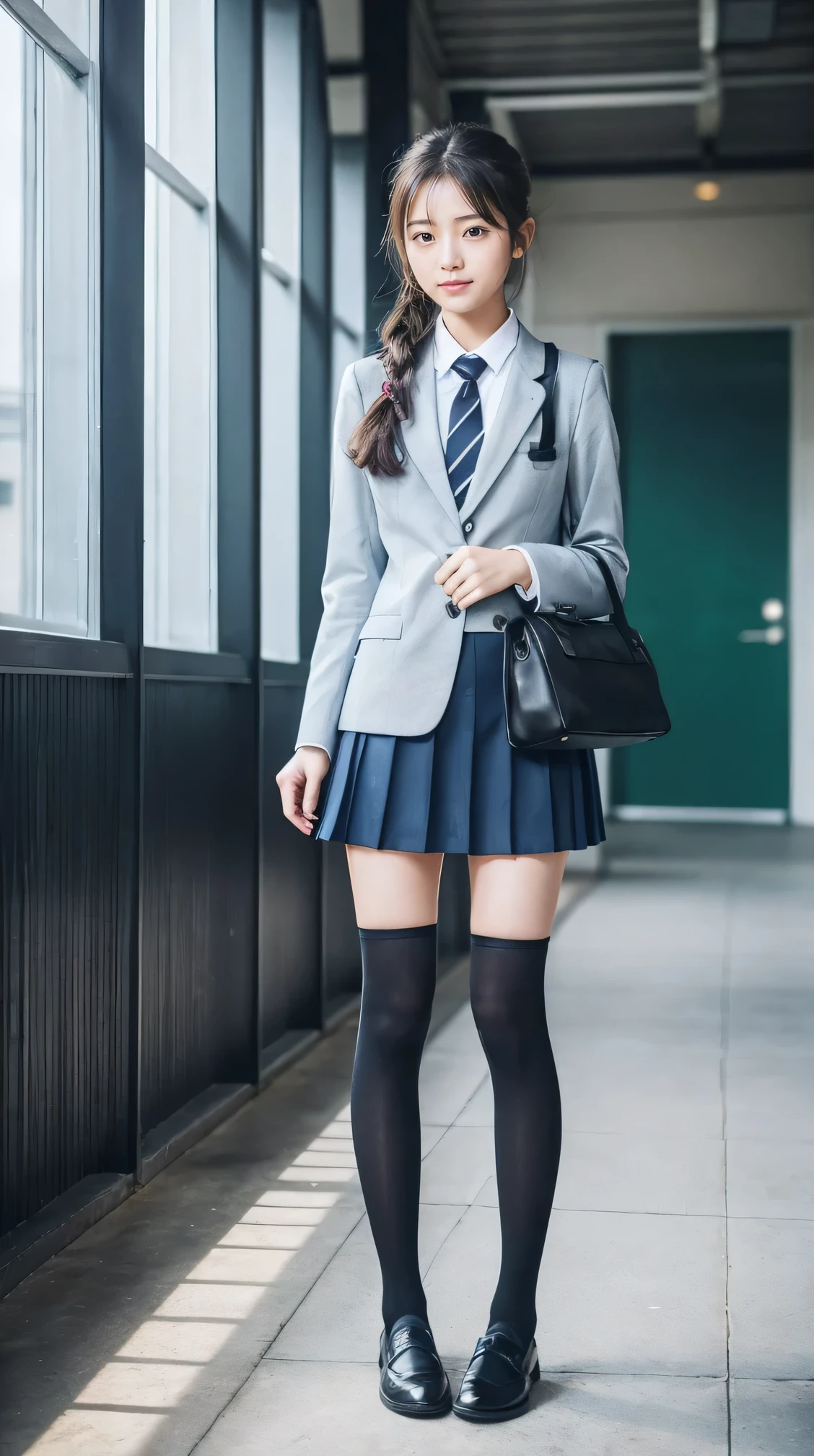 Great quality、8k、flying debris、(RAW Photos:1.4)、High resolution、((Composition away from the subject))、((Full body photo from face to ankles))、((Perfect Anatomy))、1 female 14 years old、Small stature、Detailed skin、Glowing Skin、Baby Face、double eyelid、eyes with long eyelashes、Small face、smile、Open your mouth、ponytail、Staring out the window in the school hallway、Stretch your back、The windows provide natural light、Realistic school scenery、middle School girl、Blue and grey school bag on shoulder、Slender and delicate body、Small breasts、A blazer uniform with green lines、girl 、Check skirt、healthy、young woman、black tights、black tights、Black knee-high socks、Brown loafers、loafers、Full Body Shot、Beautiful Hairstyles、Accentuates very slim legs