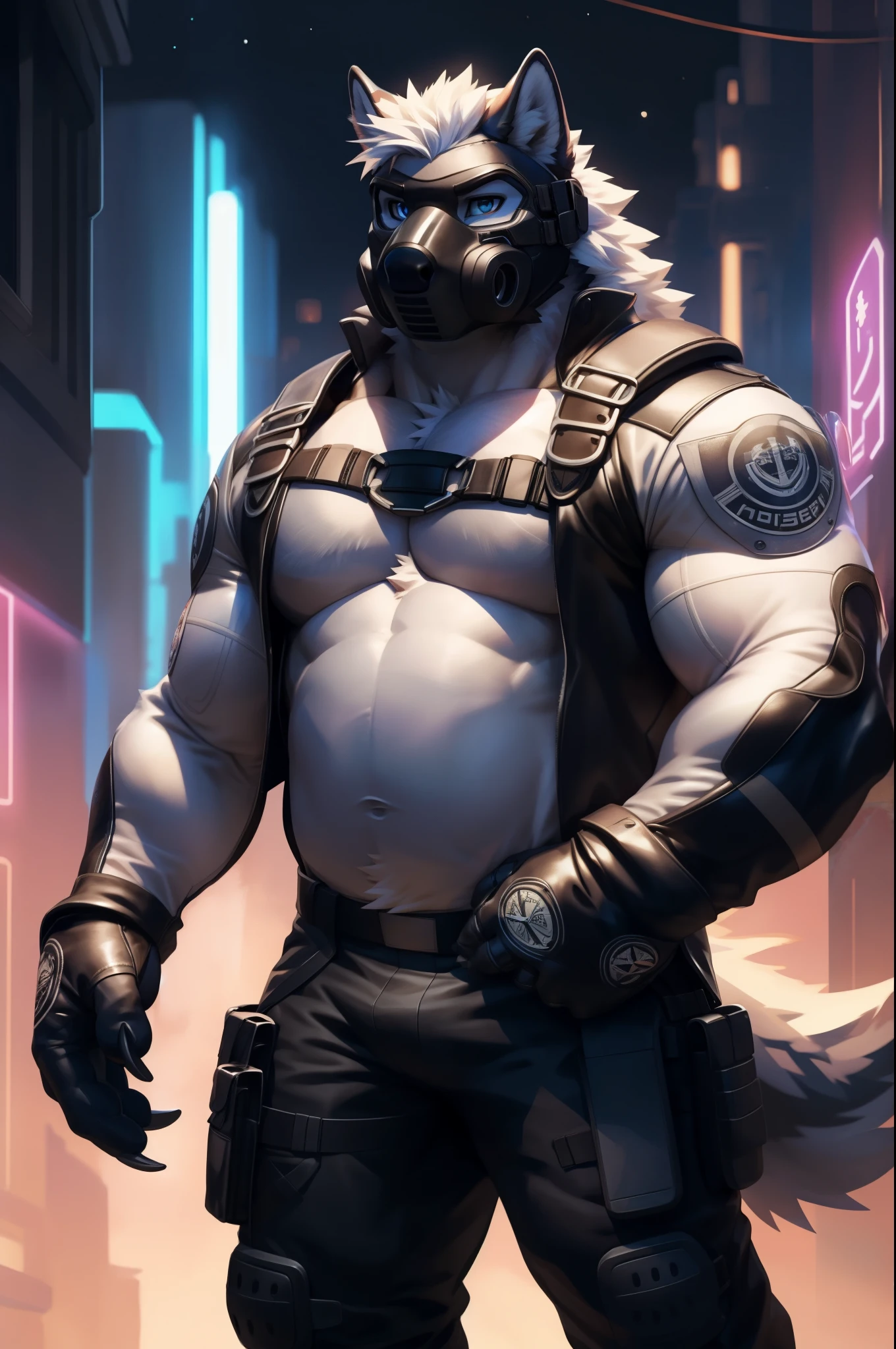 (by null-ghost, by racoon 21), masterpiece, 8k, ultra detail, [((Black Leather Jacket), (Long-sleeved leather motorcycle jacket), (Loose-fitting leather jacket))] Black Motorcycle Jacket, Loose fitting jacket, red flame designs embroidered on the arms, Black tactical gloves, black leather gloves, perfect hands, no extra digits, four fingers on each hand, one thumb on each hand, metal mechanical claws tips, silver mechanical claws on tip of fingers