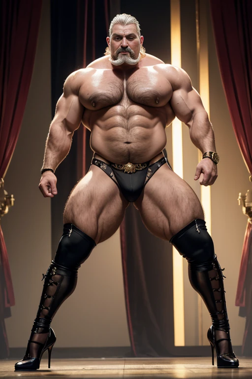 Hyperrealistic image of an elderly 19th century blonde German steampunk pole dancer superhero with bare torso combed gray hair and huge handlebar mustaches A super heavy bodybuilder flexing his muscles A full body obese bodybuilder with a very sweaty body An extremely muscular man and extremely fat over 70 years old weighing over 600 pounds a very hairy muscular man with very large legs and large sagging pectorals, dark nipples and gynecomastia on the stage of a steampunk theater with red velvet curtains and gold fringes dressed in a black satin thong black lace stockings on the legs black very high heels
