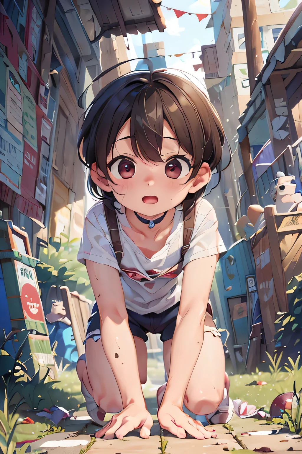 (Ultra-realistic,32k, masterpiece:1.2),(Skin with attention to detail:1.1),( 8K Ultra HD, Digital SLR, high quality:1.1),
One Girl, Black Hair, Messy Hair, White shirt, Lock, choker,Crouched in the back alley、Dead Eyes、Thighs、Dirty clothes Dirty Skin、Flat Chest、Lockjaw、Young face、refer to、One Girl、Spread your legs、naked feet、Pussy、naked、Nipples、Leaning forward、valley