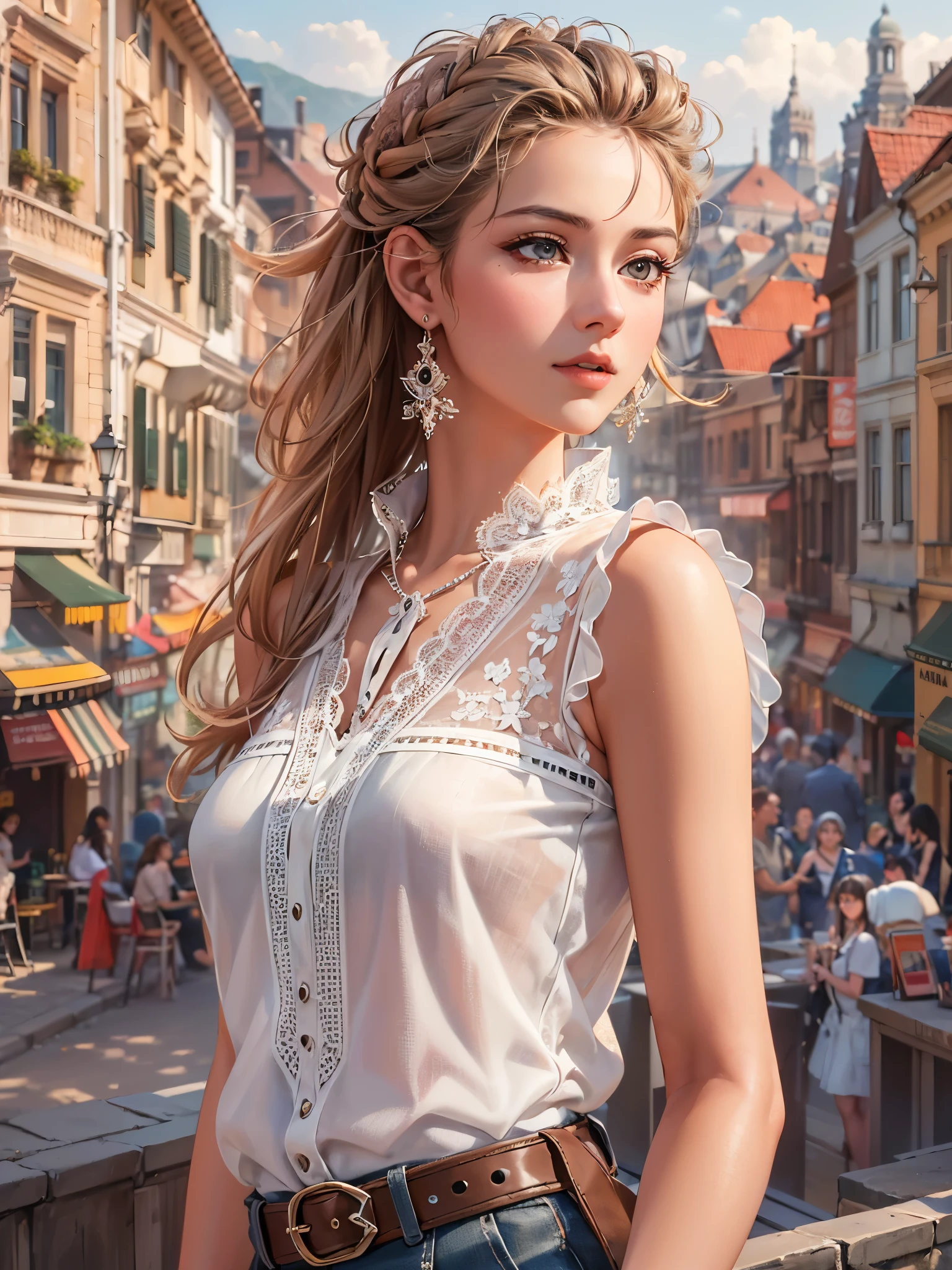 ((highest quality)),(Ultra-high resolution),(Very detailed),(Detailed Description),((The best CG)),(A masterpiece),Ultra-detailed art,Amazing drawing art,(Art with precise detail:1.5), (A woman wearing a white sleeveless blouse with lace:1.4),Lace choker:1.4,Earrings,Straight pants:1.4, Sunny European cityscape:1.6