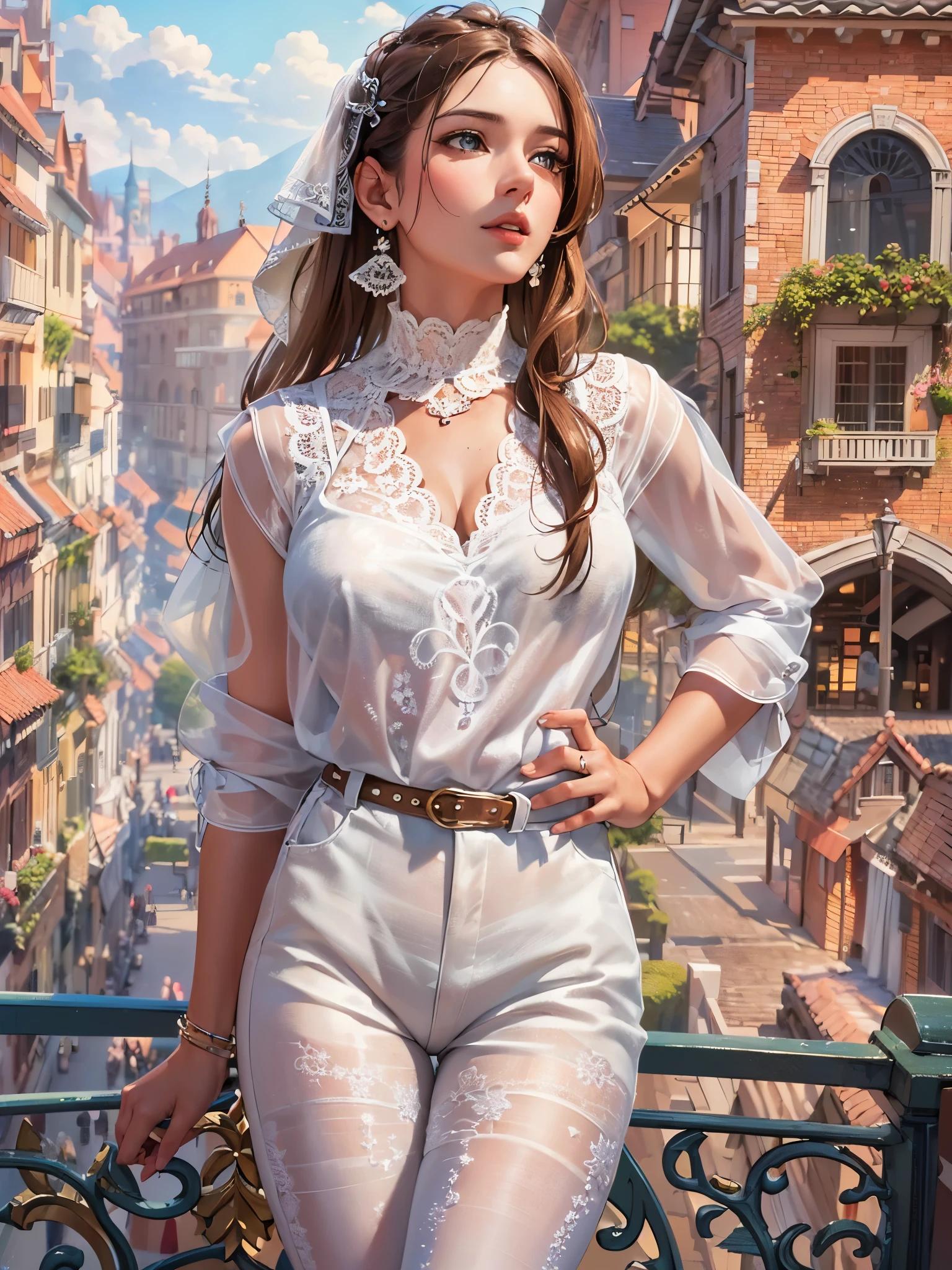 ((highest quality)),(Ultra-high resolution),(Very detailed),(Detailed Description),((The best CG)),(A masterpiece),Ultra-detailed art,Amazing drawing art,(Art with precise detail:1.5), (A woman wearing a white sleeveless blouse with lace:1.4),Lace choker:1.4,Earrings,Straight pants:1.4, Sunny European cityscape:1.6