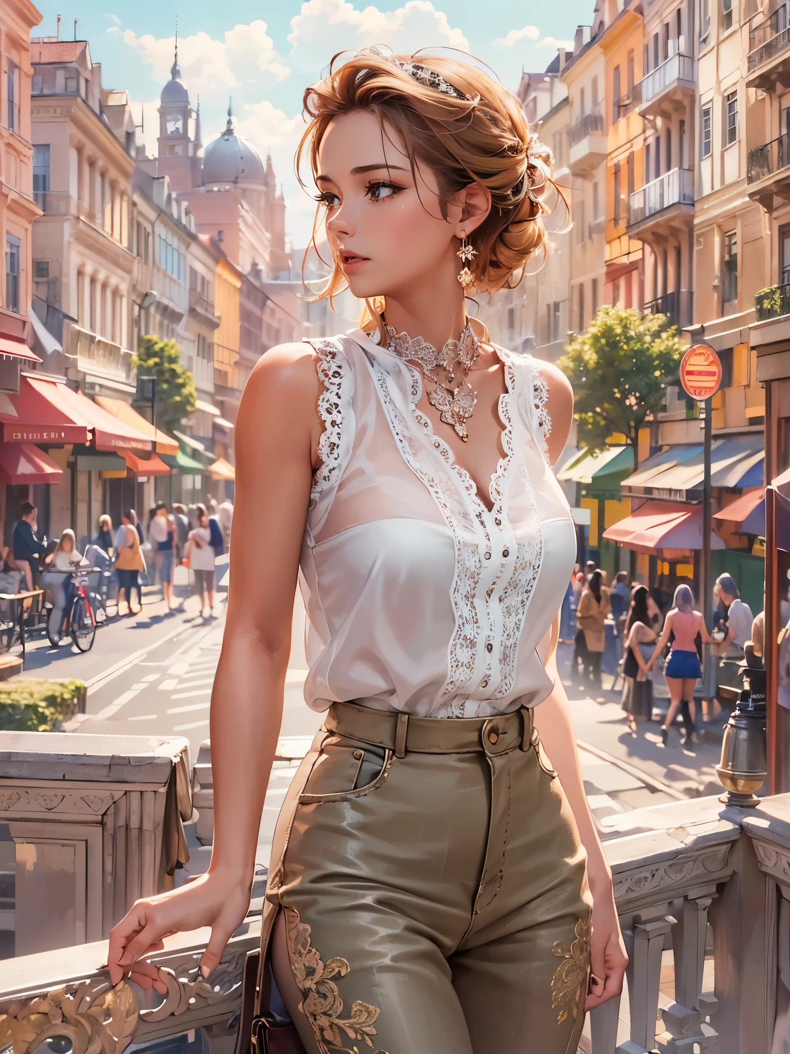 ((highest quality)),(Ultra-high resolution),(Very detailed),(Detailed Description),((The best CG)),(A masterpiece),Ultra-detailed art,Amazing drawing art,(Art with precise detail:1.5), (A woman wearing a white sleeveless blouse with lace:1.4),Lace choker:1.4,Earrings,Straight pants:1.4, Sunny European cityscape:1.6