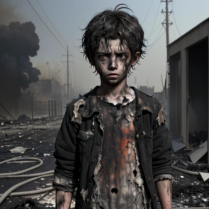 A boy in a daze, his hair standing on end, covered in soot and wearing tattered clothes after being caught in an explosion