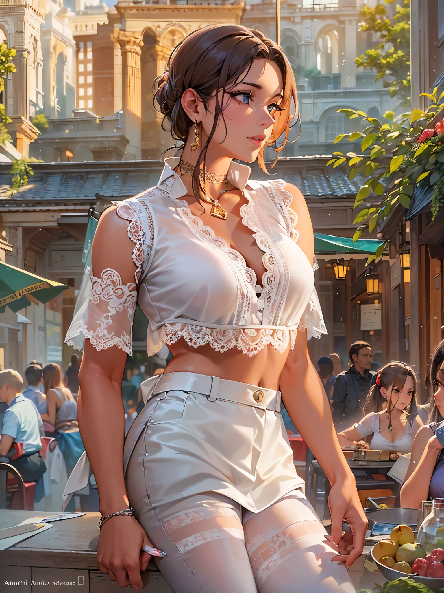 ((highest quality)),(Ultra-high resolution),(Very detailed),(Detailed Description),((The best CG)),(A masterpiece),Ultra-detailed art,Amazing drawing art,(Art with precise detail:1.5), (A woman wearing a white sleeveless blouse with lace:1.4),Lace choker:1.4,Earrings,Straight pants:1.4, Sunny European cityscape:1.6