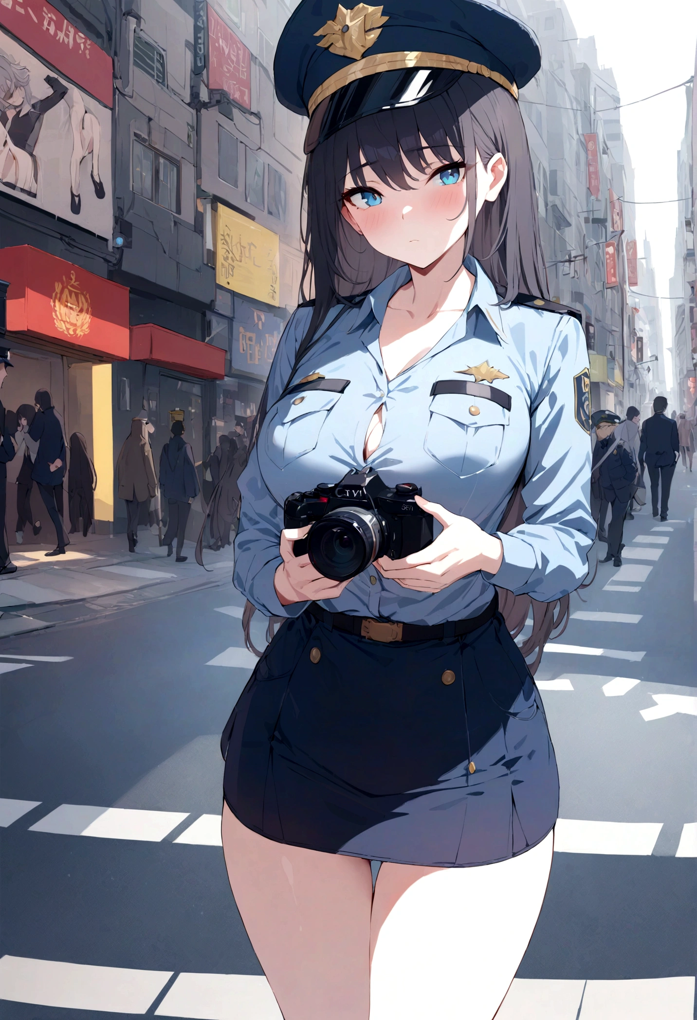 Absurd resolution, A high resolution, (tmasterpiece:1.4), ultra - detailed, 1girll,blue color eyes, cabelos preto e longos,Wear a police uniform and a short skirt, the city street,sexyposture, The camera is close to the body