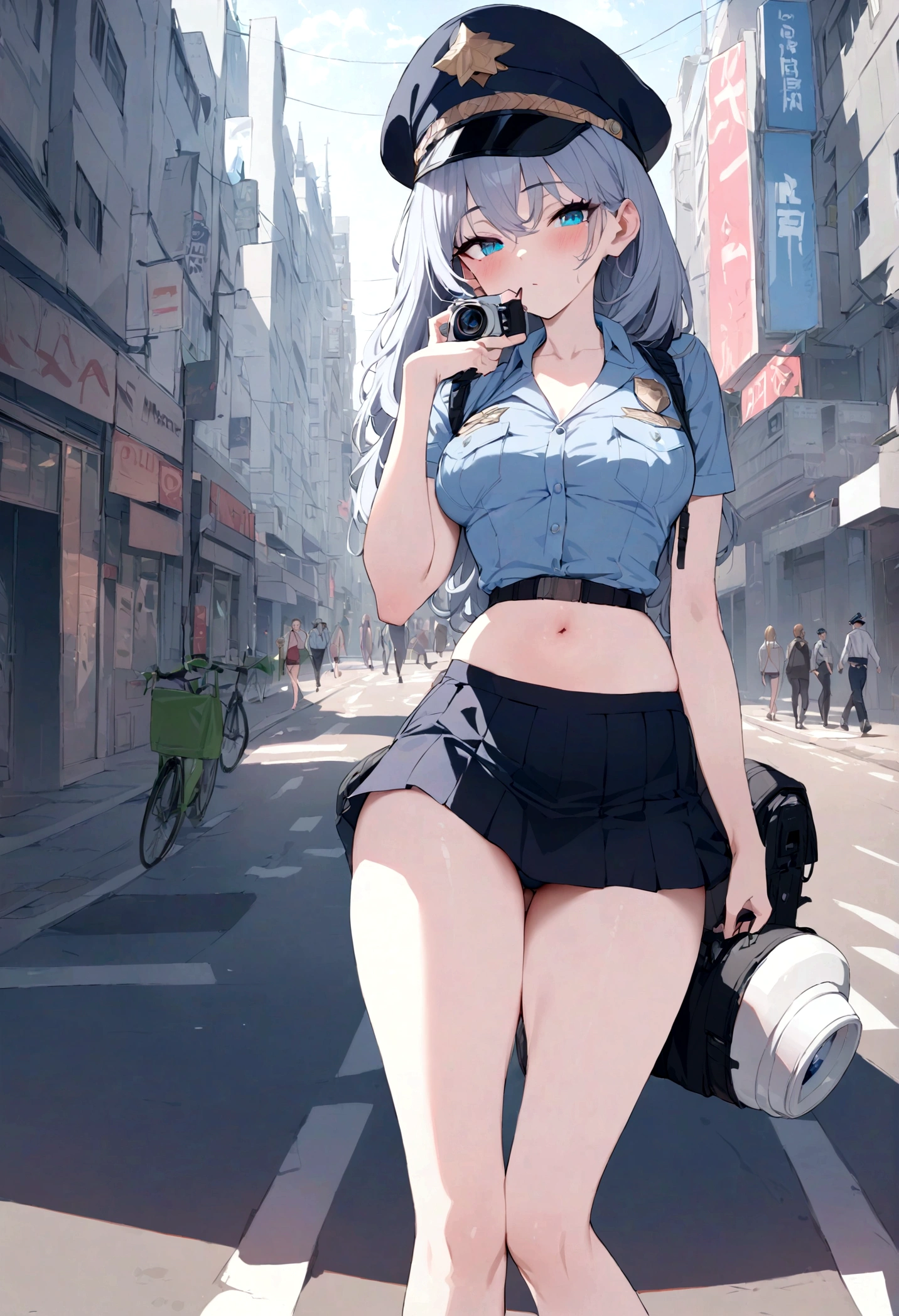 Absurd resolution, A high resolution, (tmasterpiece:1.4), ultra - detailed, 1girll,blue color eyes, cabelos preto e longos，Wear a police uniform and a short skirt, the city street,sexyposture, The camera is close to the body