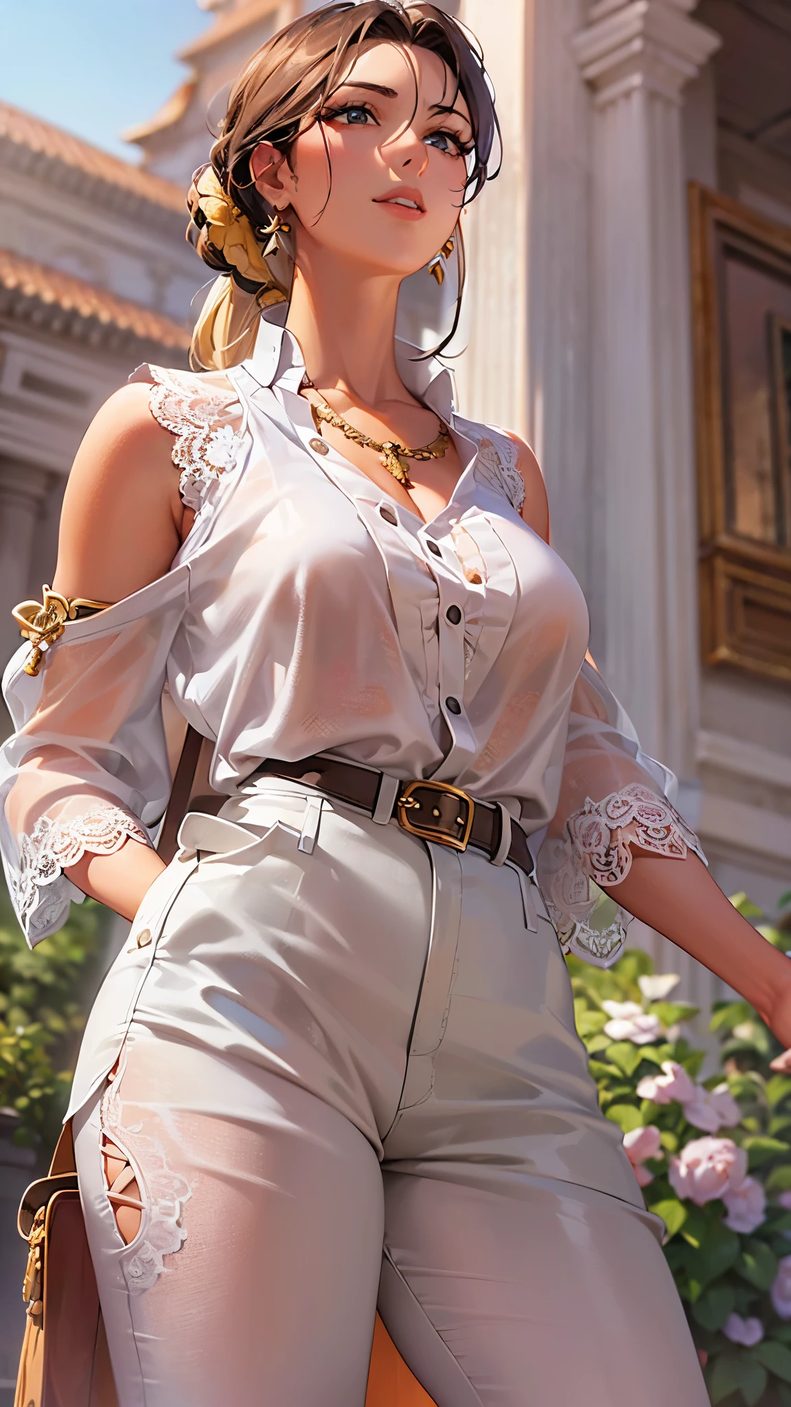 ((highest quality)),(Ultra-high resolution),(Very detailed),(Detailed Description),((The best CG)),(A masterpiece),Ultra-detailed art,Amazing drawing art,(Art with precise detail:1.5), (A woman wearing a white sleeveless blouse with lace:1.4),Lace choker:1.4,Earrings,Straight pants:1.4, Sunny European cityscape:1.6