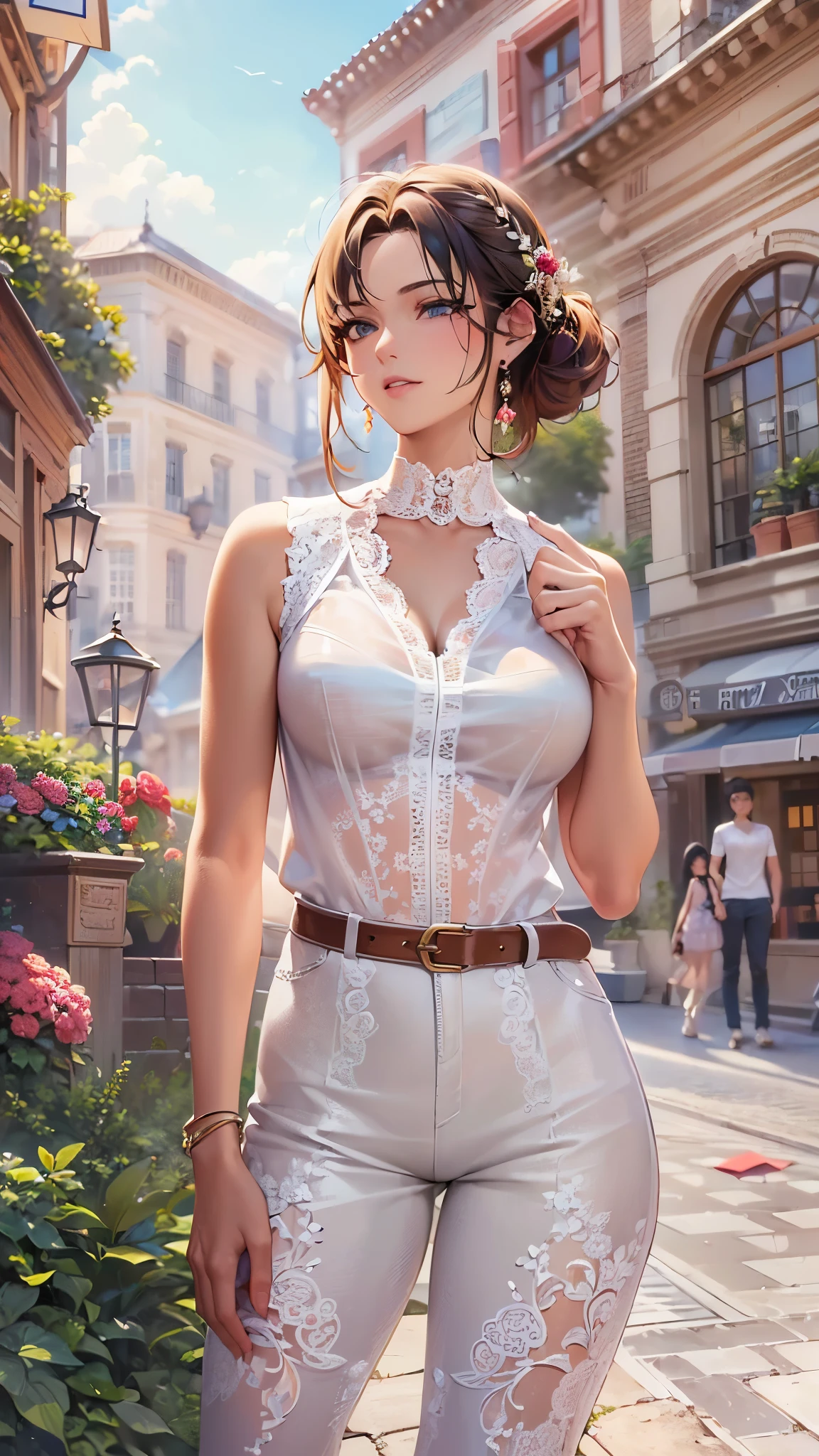((highest quality)),(Ultra-high resolution),(Very detailed),(Detailed Description),((The best CG)),(A masterpiece),Ultra-detailed art,Amazing drawing art,(Art with precise detail:1.5), (A woman wearing a white sleeveless blouse with lace:1.4),Lace choker:1.4,Earrings,Straight pants:1.4, Sunny European cityscape:1.6