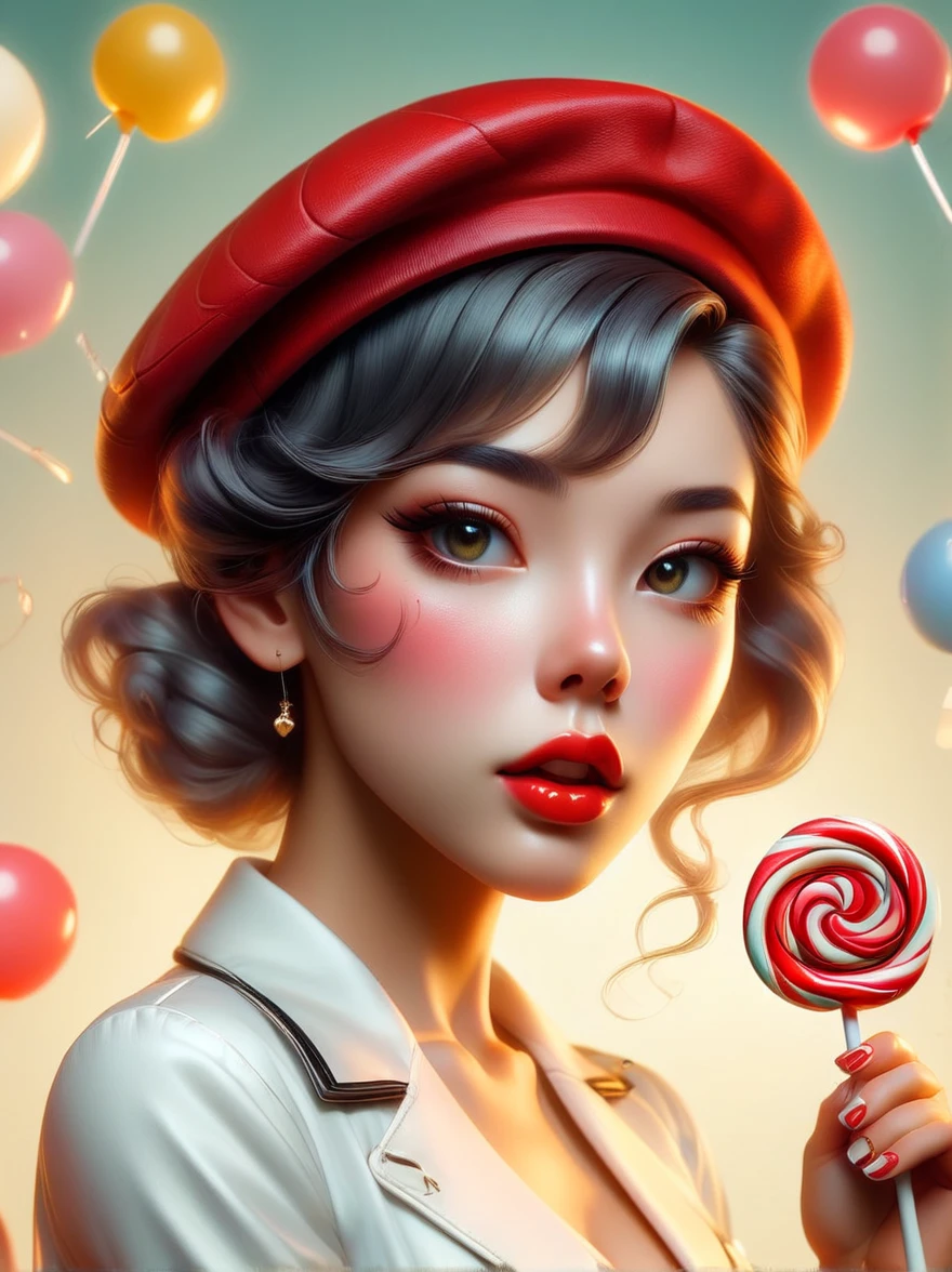 portrait，close up，A young Hispanic woman dressed in pin-up style clothing，Wear a beret on the head，Standing in the foreground with a lollipop in hand。Photos should be warm、Soft lighting captures the essence of women，Inspired by photographs by artists before 1912，These photos emphasize realistic skin details，Include textures、Pores and other typical imperfections of human skin。Use a wide aperture portrait lens，Achieve soft blur effects，With clear focus on the eyes and lips。The overall style of the photo should be retro and nostalgic，Bright and delicate colors。Capture flirting and playful gestures in female facial expressions，To highlight its charming personality。Fujifilm GFX100，85mm Portrait Lens，f/1.4，Soft lighting with gold reflectors，Retro nostalgic photography style，Pin-up girl charm。