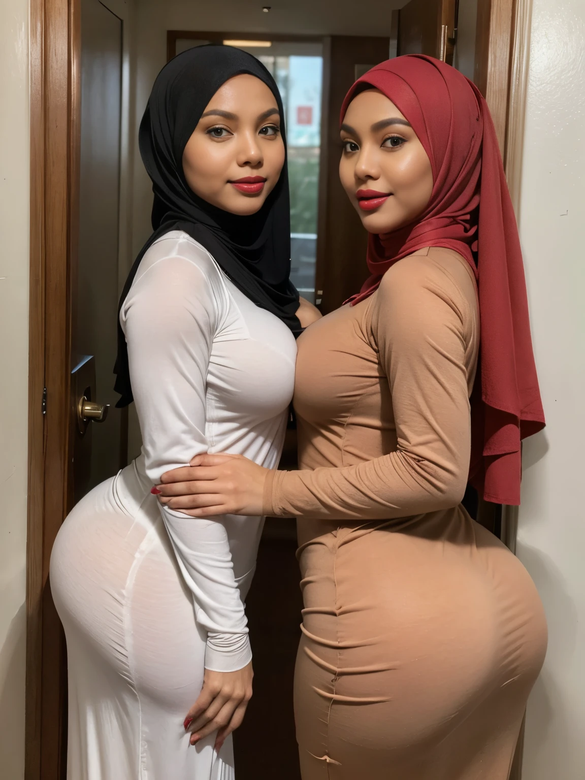 (2girls), (double exposure),back view,(full body photo), TWO gorgeous matured (NAKED) teachers standing side by side showing her ass to viewer, (similar heights), similar body proportions, huge breasts,wooden door,wall,((35 year old)), ((malay women)), curvy fit body shape, bigger ass, huge thighs, in((fishnet stockings)), ((black hijabs)),smirk, ((NSFW)), (uncensored:1.2) texture, ultra high res, RAW, instagram LUT, masterpiece, best quality, ultra-detailed, ultra high resolution, RAW, 4k, (looking at viewer), extremely detailed eyes and face, (beautiful detailed nose), (beautiful detailed thigh), (beautiful detailed eyes), perfect body proportion, (looking at viewer),seductive face, red lips, (she wear glasses),(both wear black hijabs)