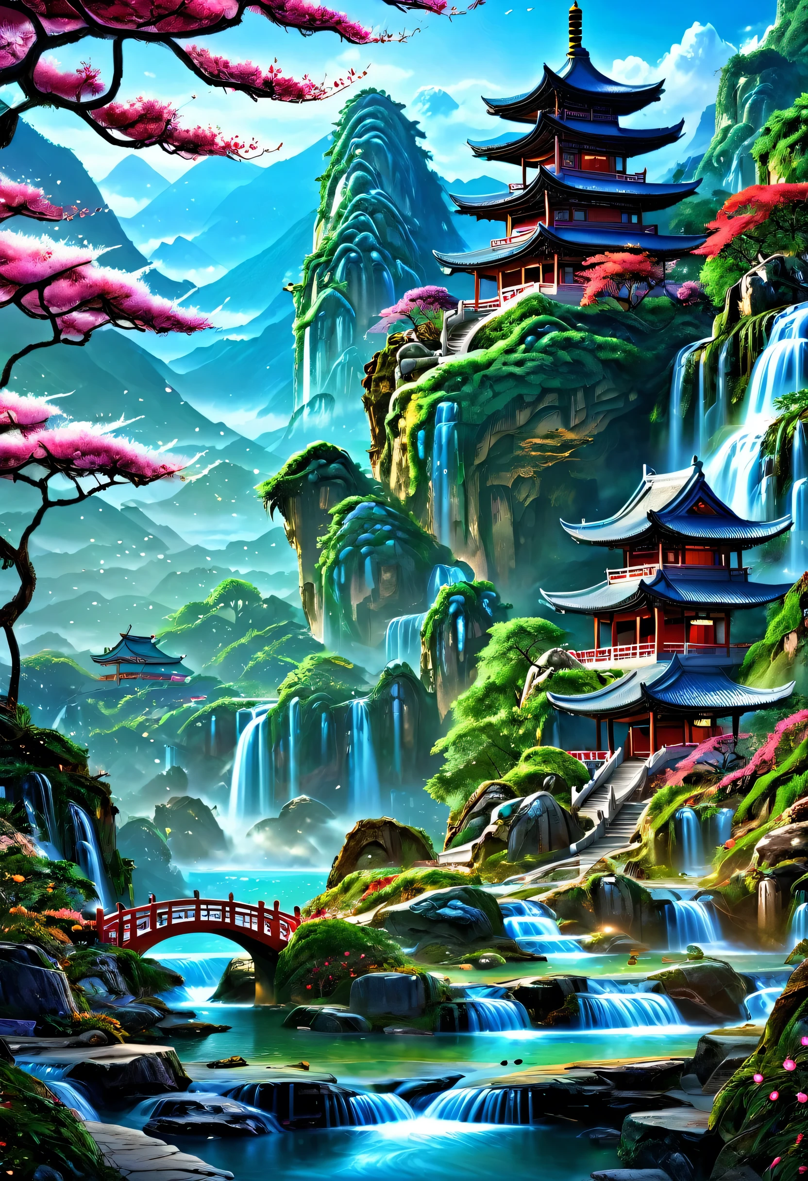 2. Mountain view with waterfall and pagoda in the middle, painted scene by Han Gan, winner of cg society competition, fantasy art, dreamy Chinese town, Chinese landscape, Chinese fantasy, made of trees and fantasy valley, ancient city view, order Impressive fantasy landscape, most epic landscape, pagoda on hill, mountainous jungle environment, avatar landscape, chinese village.