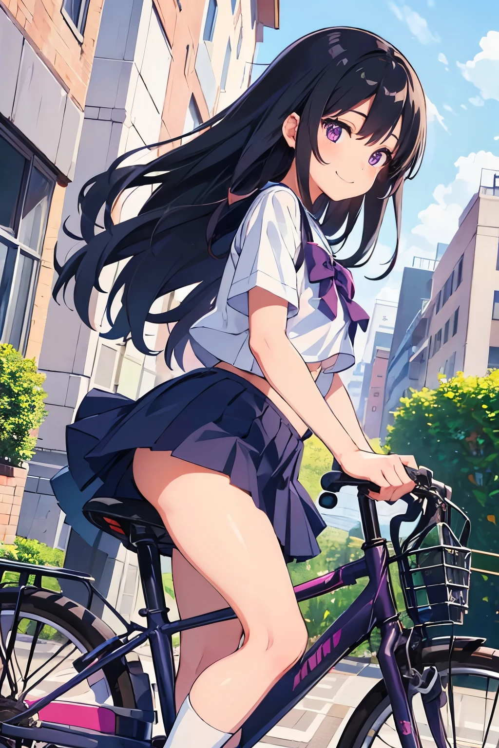 Elementary school girl, , flat chest, black hair, long hair, purple eyes, smiling(one person) Upper body plain white T-shirt Black mini skirt and white panties((I can see her panties))White socks sneakers garden Pushing a bicycle and walking Dynamic angle Low angle