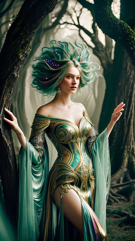 An enchanting photo of a tanned woman with mesmerizing green-blonde hair, adorned with a dazzling array of multicolored hairpins. The cascading curls frame her face as she stands among majestic, gnarled trees, evoking a surreal and ethereal atmosphere. The woman dons a translucent, flowing dress with intricate brushstrokes, showcasing her expressive and stylized anatomy. The skillful lighting creates depth of field and volumetric light, imparting a cinematic quality to the scene. This captivating concept art seamlessly blends medieval futurism with medieval illumination styles, incorporating alchemical equipment and elements inspired by Jean Fouquet, Mobius, and Hieronymus Bosch. The dark fantasy-infused architecture and portrait photography create an immersive and otherworld, illustration, photo, architecture, portrait photography, dark fantasy, cinematic