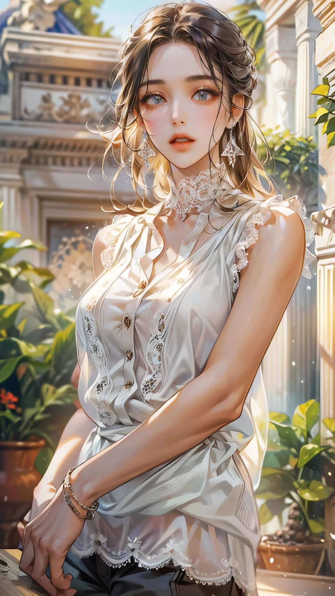 ((highest quality)),(Ultra-high resolution),(Very detailed),(Detailed Description),((The best CG)),(A masterpiece),Ultra-detailed art,Amazing drawing art,(Art with precise detail:1.5), (A woman wearing a white sleeveless blouse with lace:1.4),Lace choker:1.4,Earrings,Straight pants:1.4, Sunny European cityscape:1.6