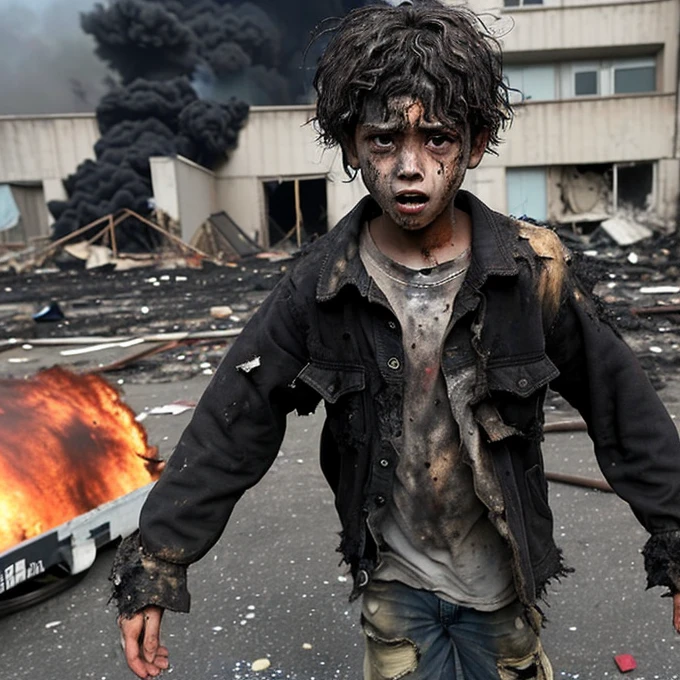 A boy in a daze, with his hair standing on end and covered in soot and wearing tattered clothes, is caught in an explosion during the filming of a comedy movie.