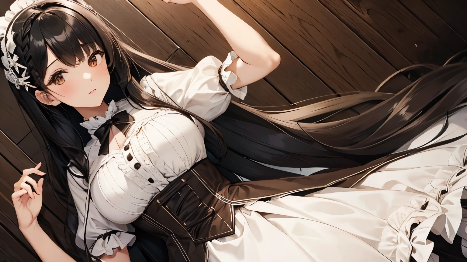 A beautiful woman wearing a brown and white sweet lolita dress with lots of frills and lace　Black hair braid with hair ornament　Upper Body　Big Breasts