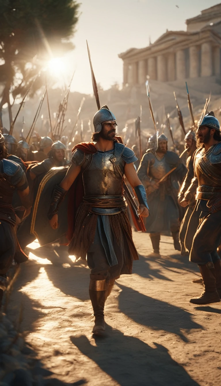 An intense moment capturing the pivotal turning point of the battle, with the Greeks rallying against the Persian onslaught, detailed face, detailed face expressions, natural face expressions, face in detail, asymmetrical faced, fair and smooth skin, detailed hands, detailed fingers, masterpiece, cinematic lighting, physically based rendering, lens flare, award winning rendering, perfect rendering detail, 8K, realism, detailed background, everything in detail, cinematic shot, dynamic lighting, 75mm, Technicolor, Panavision, cinemascope, fine details, 8k, HDR, realism, realistic, key visual, film still, superb cinematic color grading, depth of field,