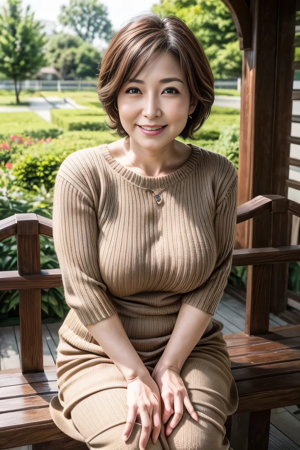 40 year old mature woman、Japanese women、Sex Appeal, sexy,Fine skin、Star Piece、Beautiful breasts High quality、Perfect Sentence、so beautiful、High resolution face、Light makeup、Beautiful ass high quality、Glowing Beautiful Skin、Glowing Beautiful Skin step piece、Transparent beauty、Goddess of Eros、Realistic、smile、Looking into the camera、Whitening skin、maStar Piece、Short Hair、Beautifully colored knitwear、Sexy underwear,smile,Large Breasts、A big smile、garden